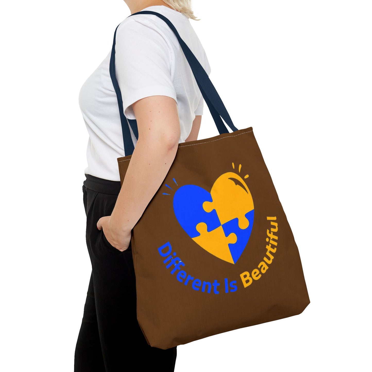 Autism Awareness Puzzle Heart Tote Bag — "Different Is Beautiful" Brown AOP