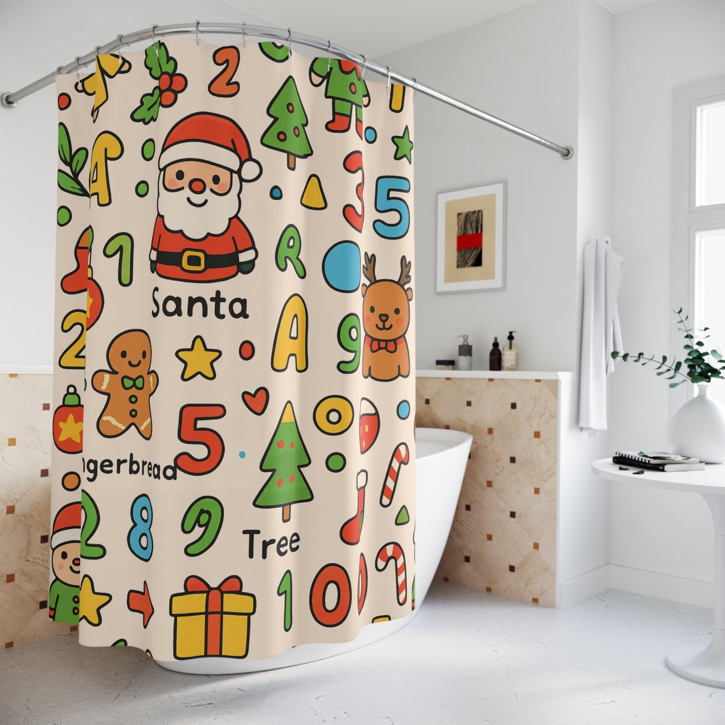 Christmas Alphabet & Numbers Shower Curtain — Cute Santa, Gingerbread & Tree Kids Bathroom Decor