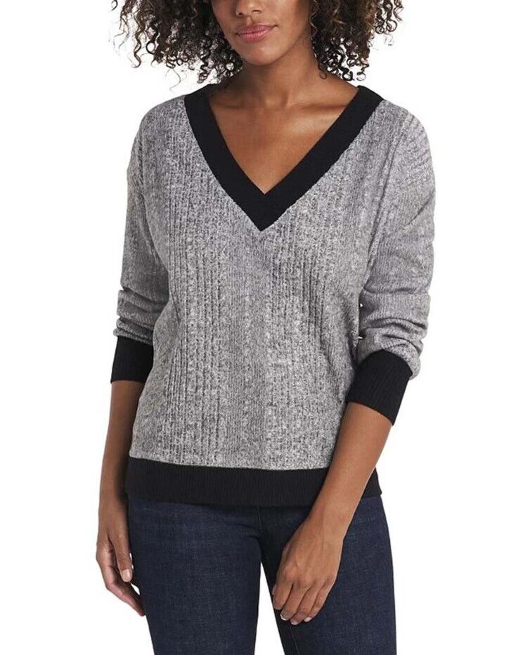 Vince Camuto Heather Gray Brushed-Rib Long-Sleeve V-Neck Sweater - Women XXS