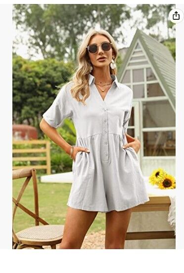 DEEP SELF Women's Shorts Rompers Button Down Collared Jumpsuit with Pockets M