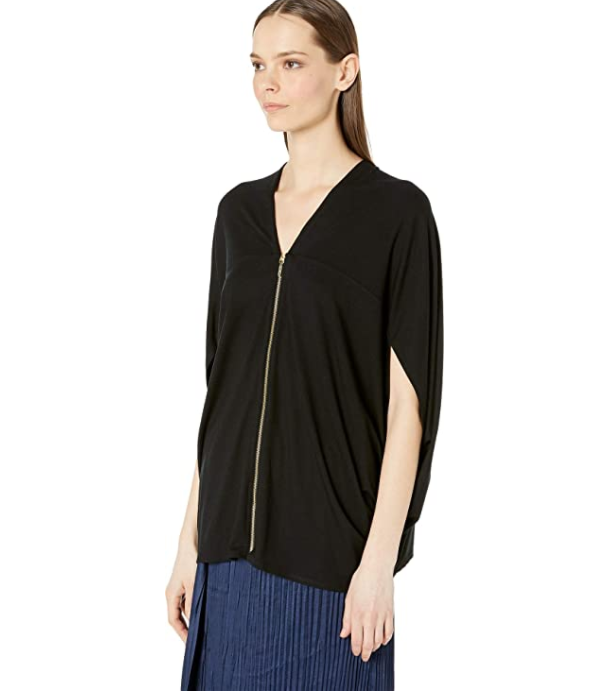 $175 Nicole Miller Women's Black Jersey Cacoon Zip Front Short Sleeve Top Size L