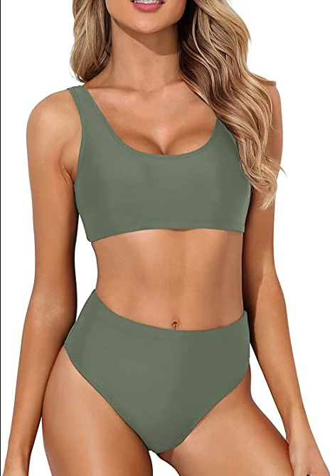 Tempt Me Women Two Piece Scoop Neck Bikini Crop Top High Cut Swimsuit High Waist