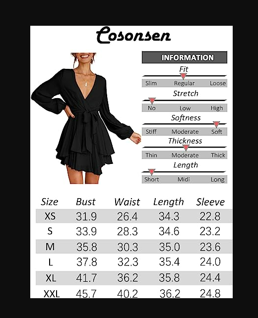 Cosonsen Women's Dress Deep V-Neck Long Sleeve Waist Tie Ruffle Mini Swing Dress