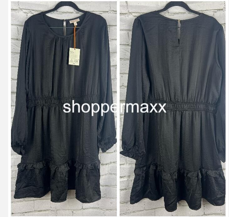 Women's Long Sleeve Satin Dress - Knox Rose, Black, Size X-Large