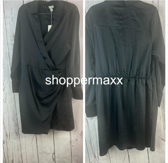 Women's Long Sleeve Satin Shirtdress- A New Day, Black, Size Large