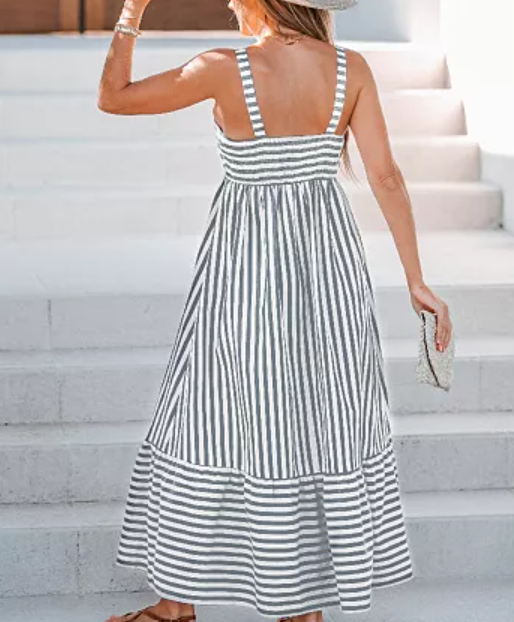 Women's Striped Ruched Maxi Dress -Cupshe-M-Gray