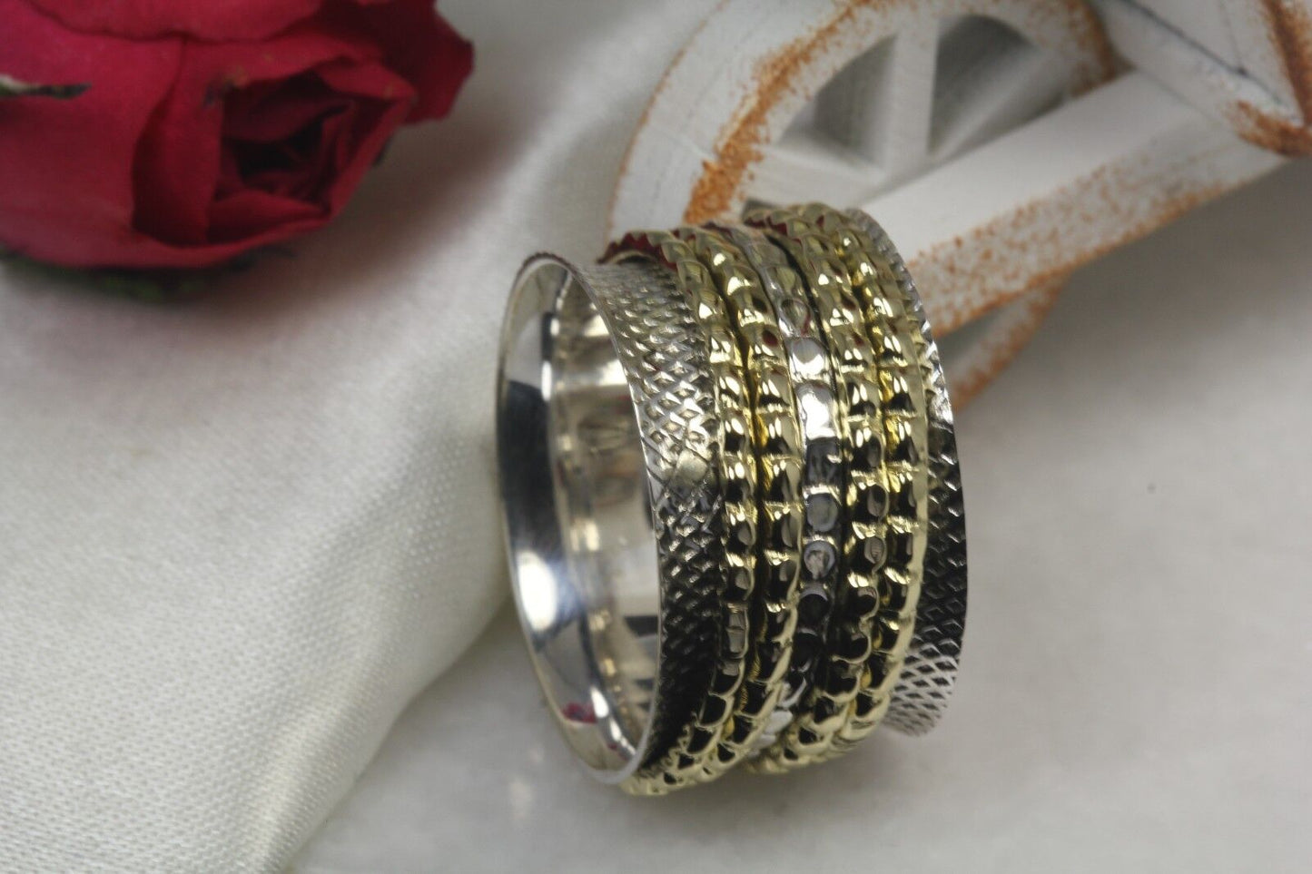 Dual Tone Heavy Wide 925 Sterling Silver Spinner Ring Yellow Gold Spinner Ring