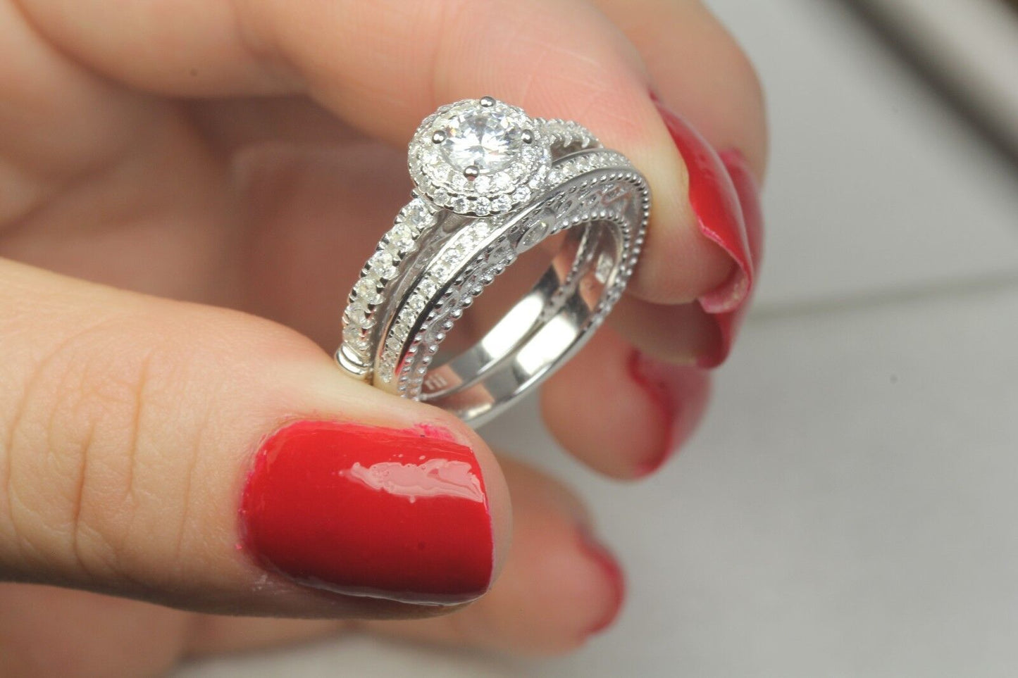 1.23 CT Round Cut Sterling Silver 925 Bridal Engagement Ring Wedding Ring Set 8g
