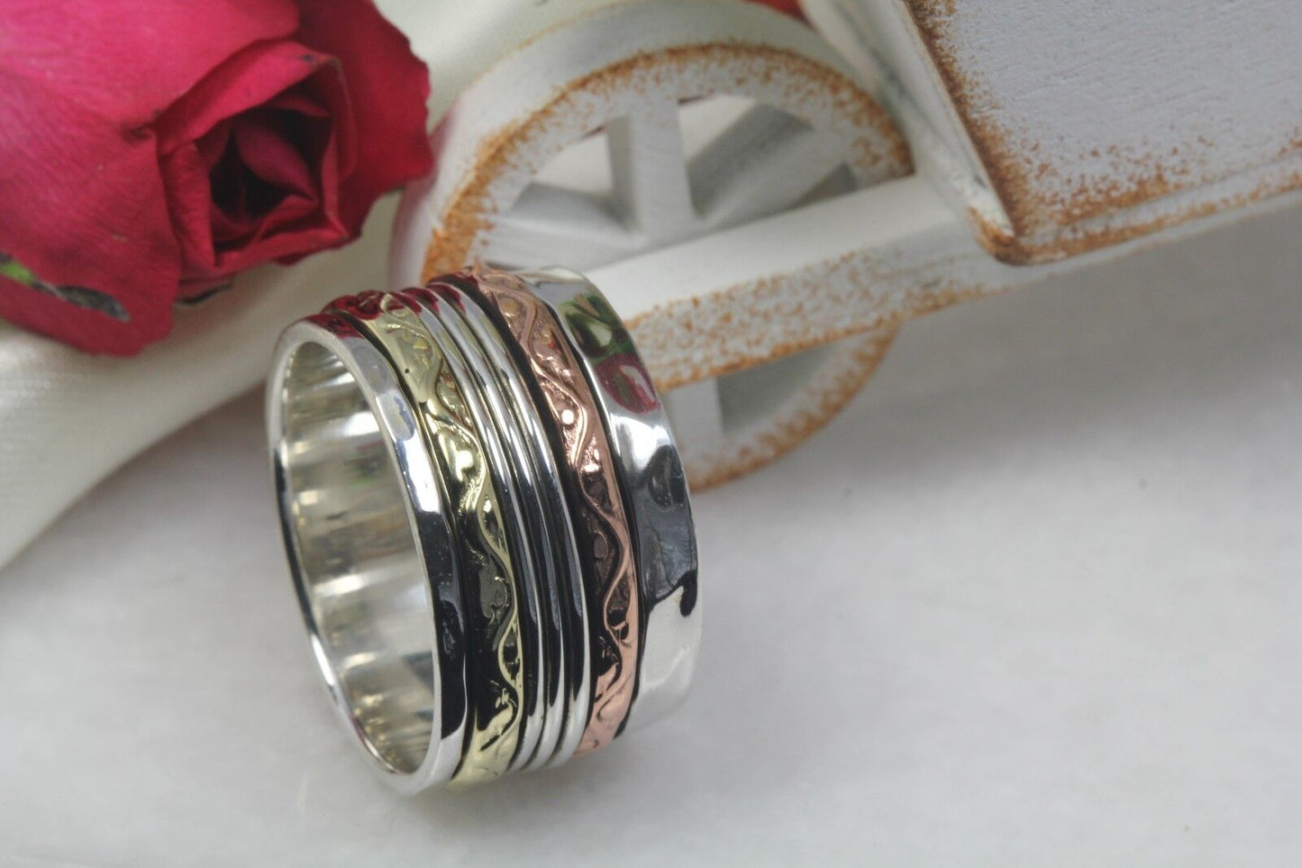 Tri-Tone Sterling Silver Spinner Ring Rose Gold Yellow Gold Heavy Spinner Ring