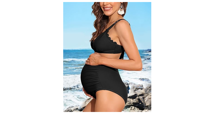 Charmo Scalloped Maternity Bikini Swimsuit Two Piece High Waist Ruched, XL