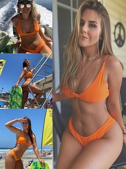 ZAFUL Women Tie Knot Front Spaghetti Strap High Cut Bikini Set Swimsuit Orange L