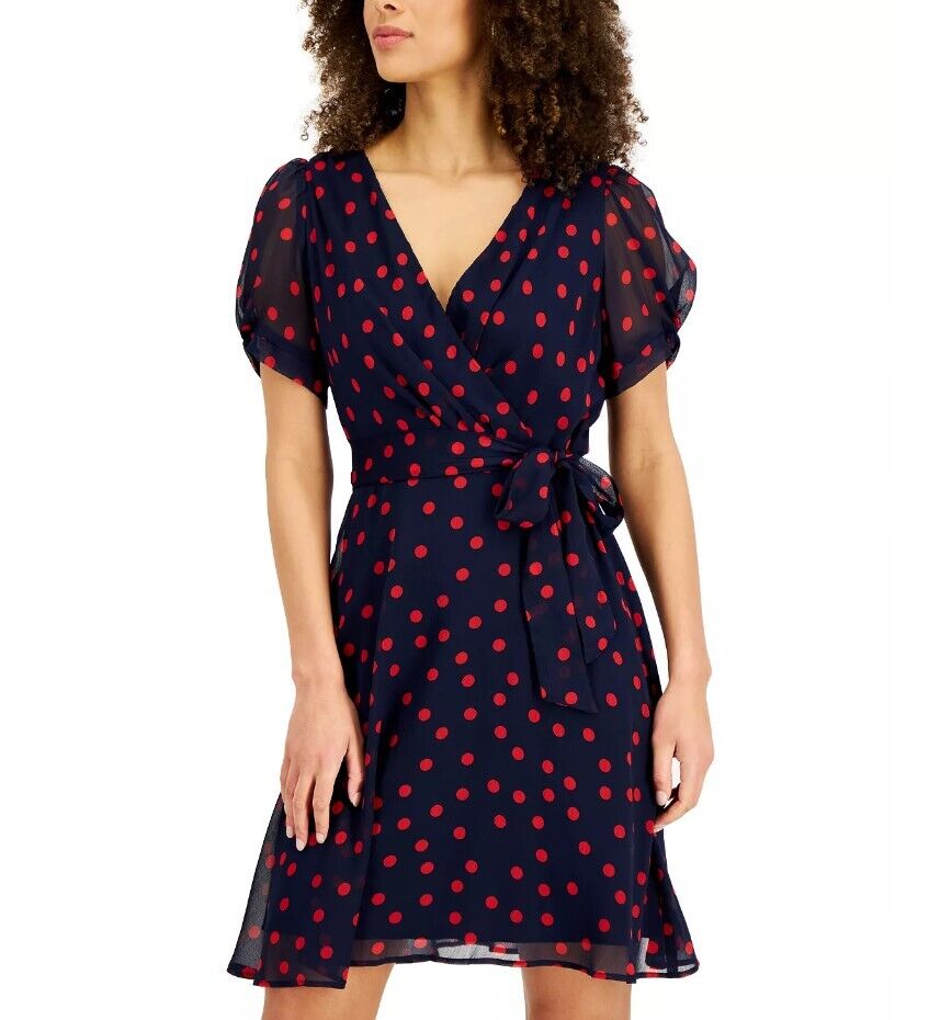 CONNECTED Petite Twisted-Sleeve Fit & Flare Women's Dress Navy red 12P Designer