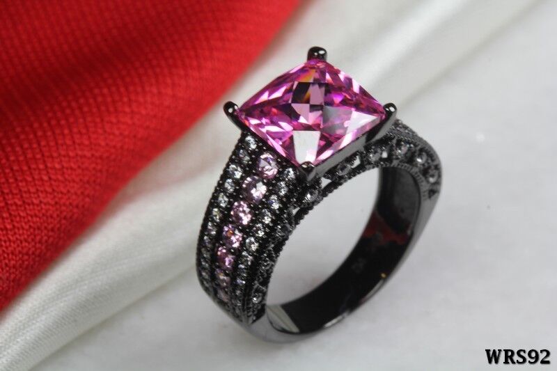Cushion Cut Pink CZ Engagement Wedding Ring Set-Black Rhodium 925 Silver