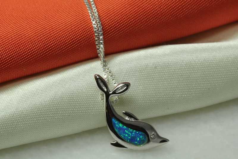 DOLPHIN NECKLACE PENDANT 925 STERLING SILVER OPAL INLAY W/ 16IN CHAIN~OP10~MAXXS