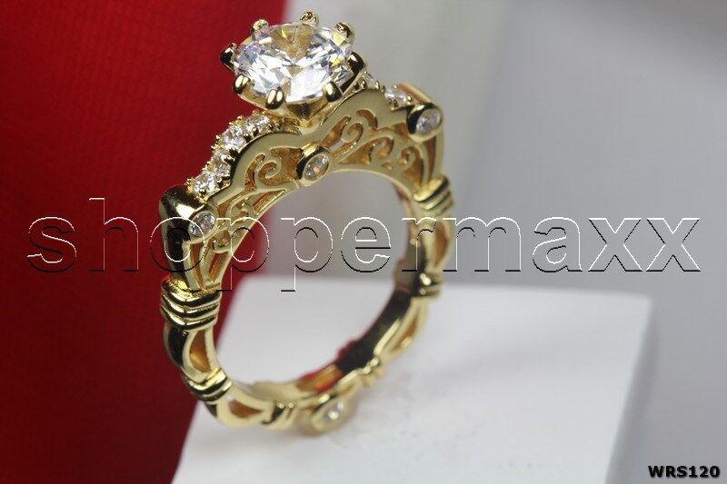 Vtg Gold Solitaire 925 Silver Engagement Ring Bridal Ring Set wedding Ring Set