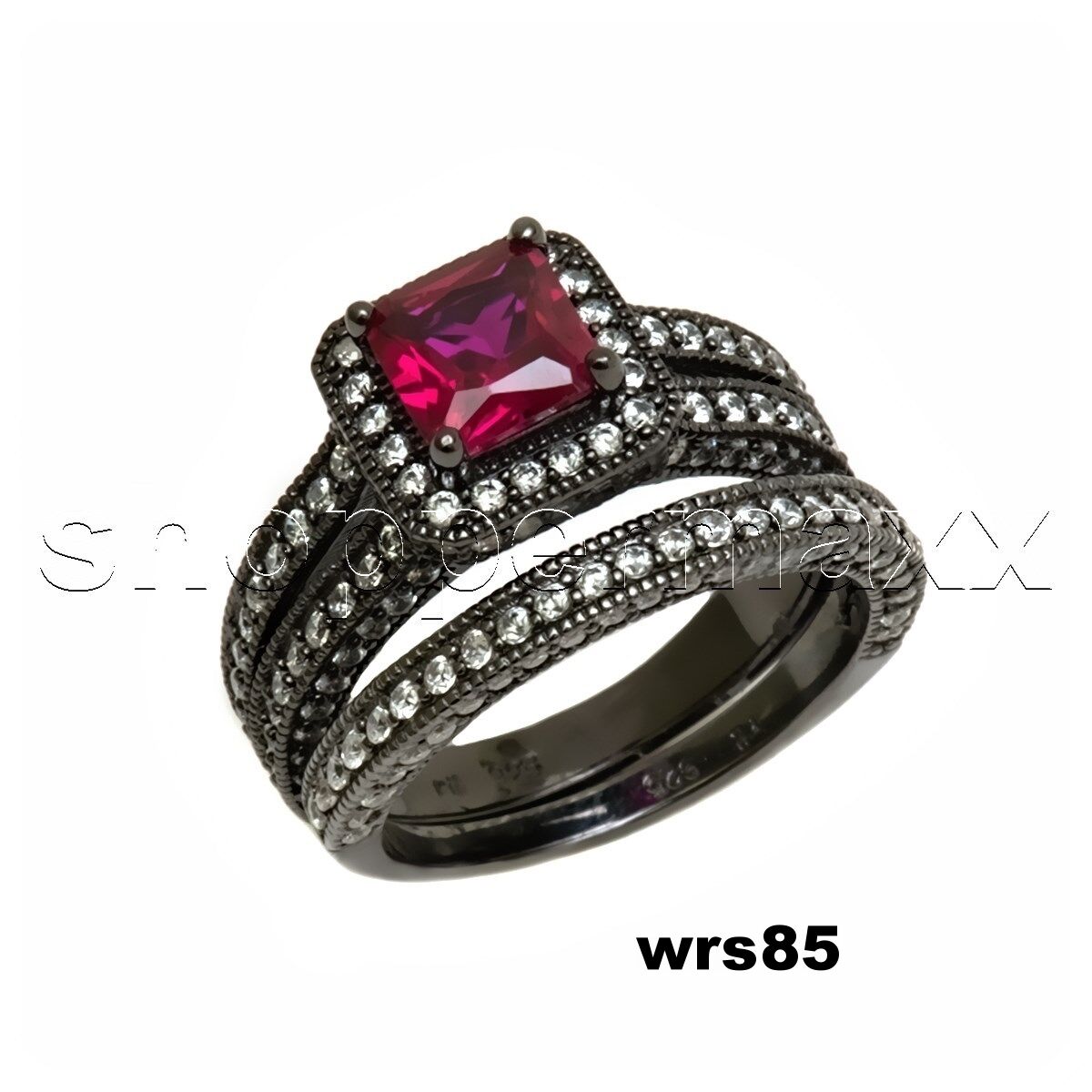 Bridal Princess Pink CZ Black 925 Silver Engagement Wedding Ring Set