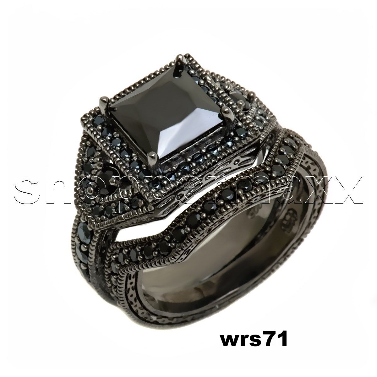 3CTW STERLING SILVER BLACK RHODIUM PLATED LADIES ENGAGEMENT AND WEDDING RING SET
