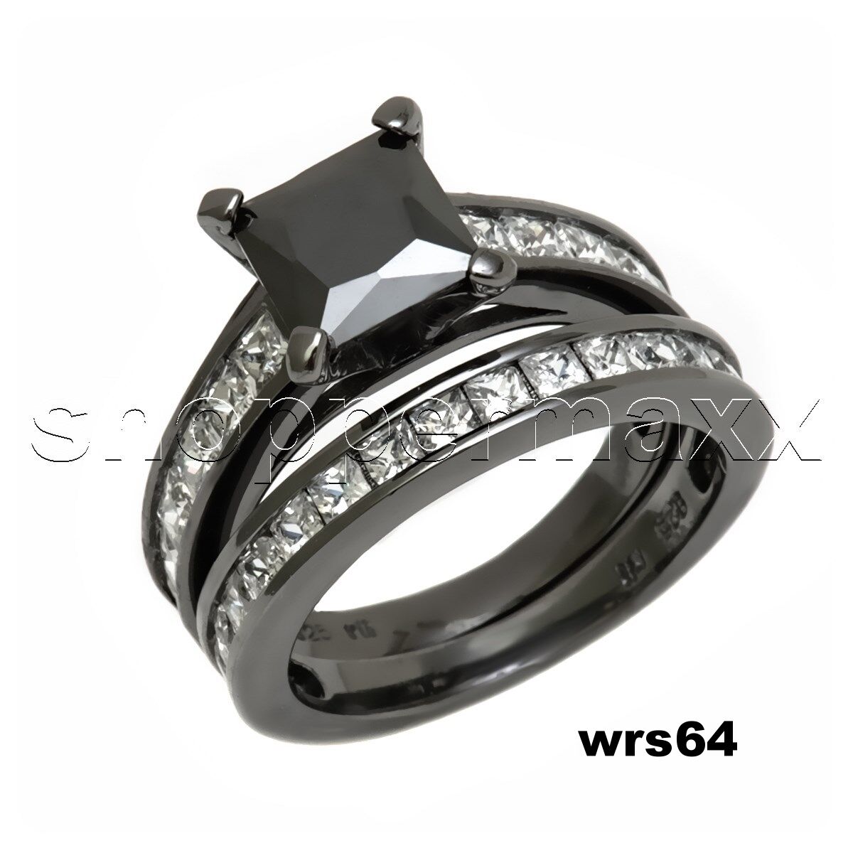 Designer Black Bridal Set Sterling Silver Engagement Ring Wedding Ring SET ~64