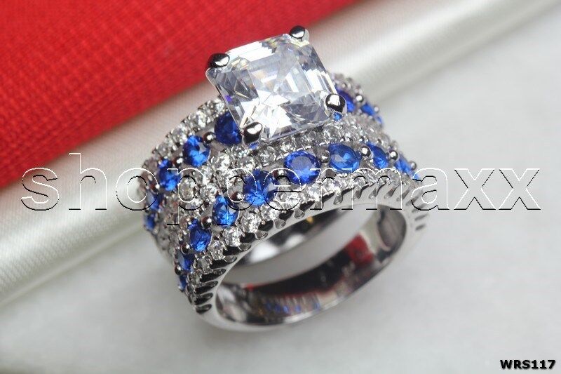 Asscher White & Blue CZ Sterling Silver 925 Engagement Wedding Ring Set
