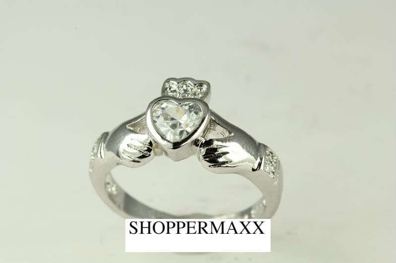 Clear Heart 925 Sterling Silver Claddagh Celtic CZ RING