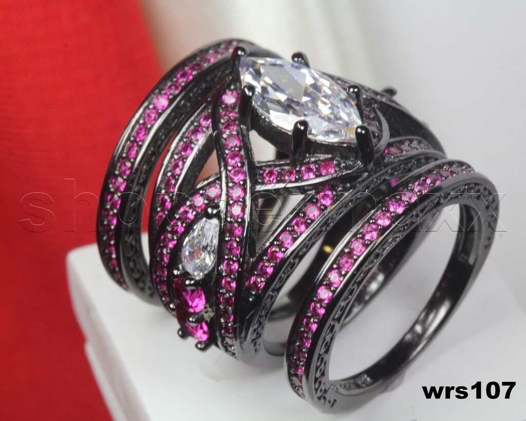 3CTW Fantasy White Pink CZ Black 925 Silver Womens Disney Wedding Ring Set