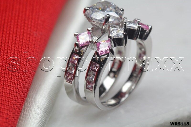 Bridal Silver 925 Heart Shaped Pink & White CZ Engagement Wedding Ring Set