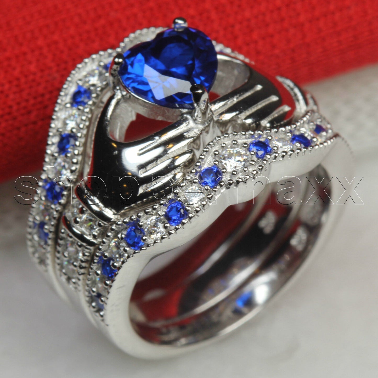 Blue CZ Irish Heart Claddagh 925 Silver 3 Ring Engagement wedding Ring Set