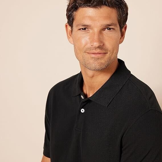 Amazon Essentials Men's Slim-Fit Cotton Pique Polo Shirt, Black, Small