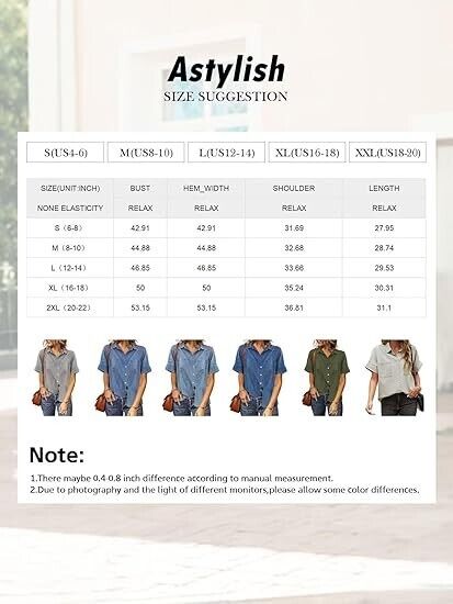 Astylish Women's Summer Tops Casual Short Sleeve Pocket Button Down Shirt Blue L