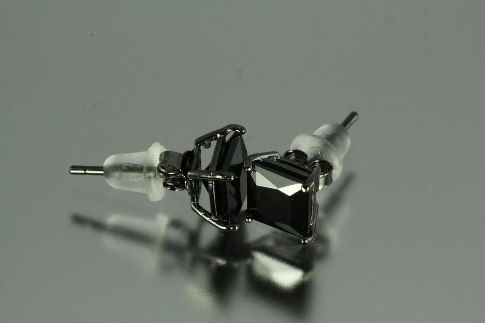 6MM~2.10 CTW~BLACK ON BLACK PRINCESS CUT STERLING SILVER 925 STUD EARRINGS~MXS