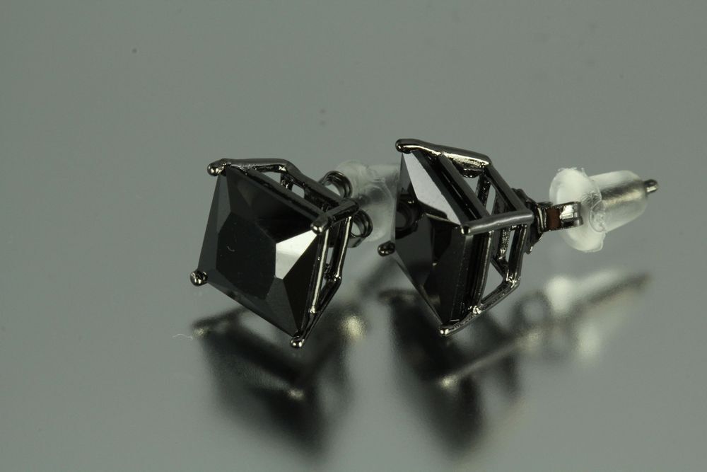 8MM~5.12 CTW~BLACK ON BLACK PRINCESS CUT STERLING SILVER 925 STUD EARRINGS~MXM