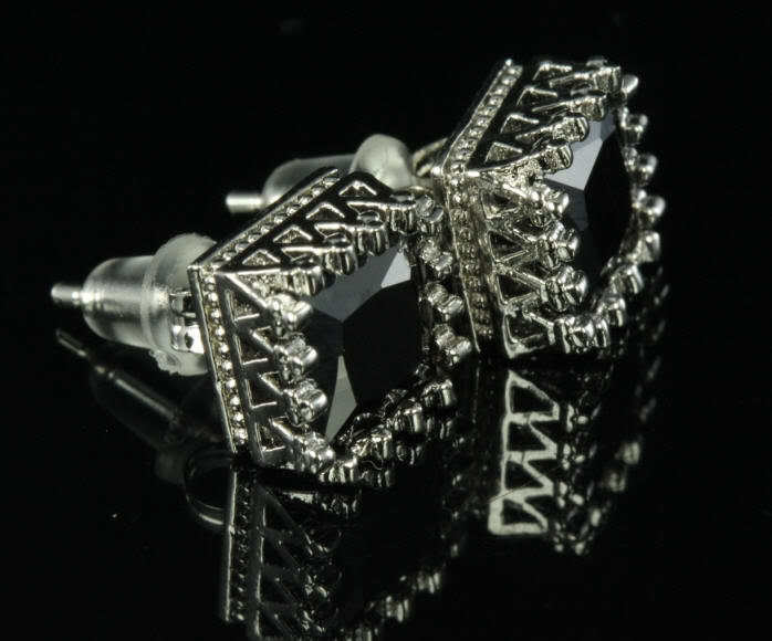 5.1 CRT STERLING SILVER 925 BLACK PRINCESS CUT CROWN SET CZ STUD EARRINGS-MAXX-H