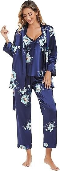Escalier Women's Silk Satin Pajamas Set 3 Pcs Floral Silky Pj Sets Sleepwear, M