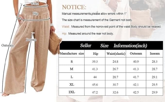 Vansha Women Summer High Waisted Cotton Linen Palazzo Wide Leg Long Pant , L