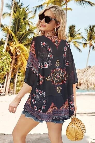 Women Kimonos Beach Cover Up Chiffon Cardigan Floral Blouse LooseFit Cape Top XL