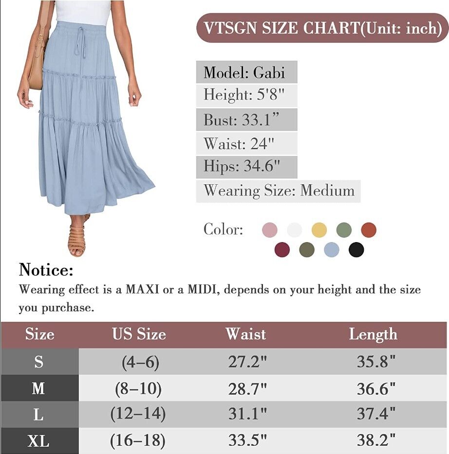 VTSGN Women Boho Maxi Skirt Summer A-Line High Waisted Ruffle Tiered Flowy Skirt