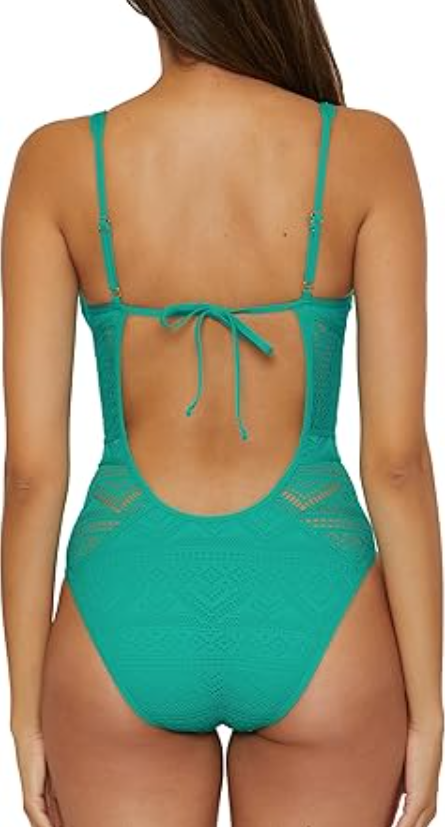 BECCA Color Play - Women's One Piece Swimsuit, Plunge Neck, Crochet, Peacock, L