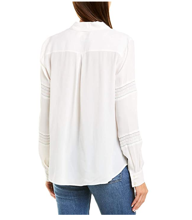 $295 Nicole Miller Women's White Multicolored Smocked Boyfriend Blouse S