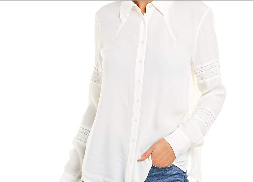 $295 Nicole Miller Women's White Multicolored Smocked Boyfriend Blouse S