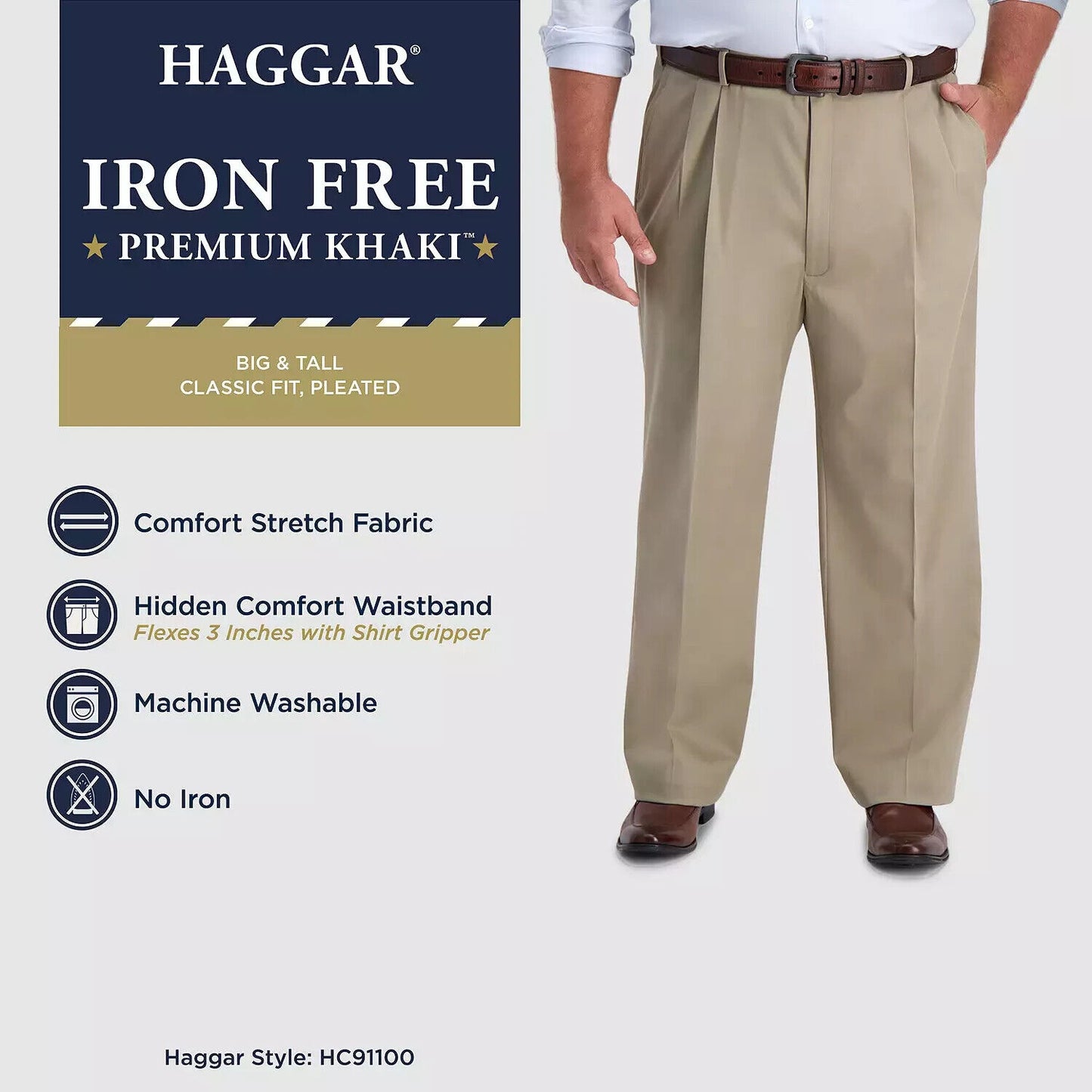 Big & Tall Haggar® Iron-Free Premium Khaki Classic-Fit Pleat Pants Black 32Wx32L