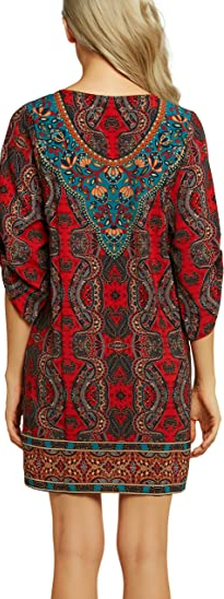 Women Bohemian Neck Tie Vintage Printed Ethnic Style Summer Shift Dress M