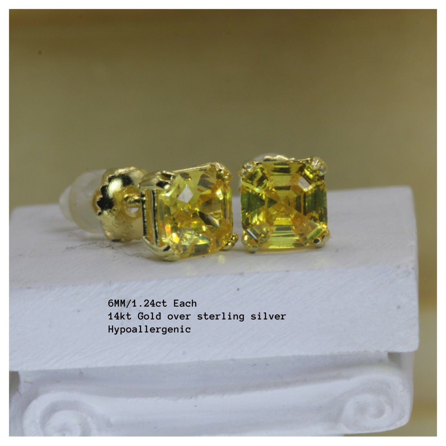 Canary Yellow 1.24CT/Each Asscher Cut Gold Plated Silver CZ Stud Earrings Unisex
