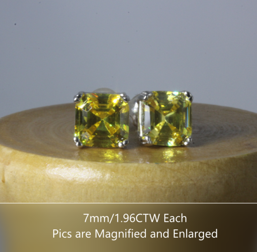 Canary Yellow 1.96CT Asscher Cut Platinum fin Silver CZ Screw back Stud Earrings