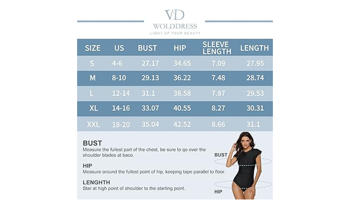 Wolddress Women Modest 1 Piece Bathing Suit Short Sleeve Tummy Control Swimsuit