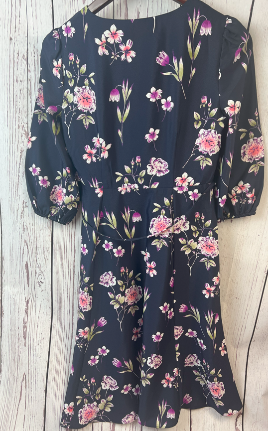 Eliza J Floral Print 3/4 Balloon Sleeve Wrap Belt Tie Dress with lining 6P Black