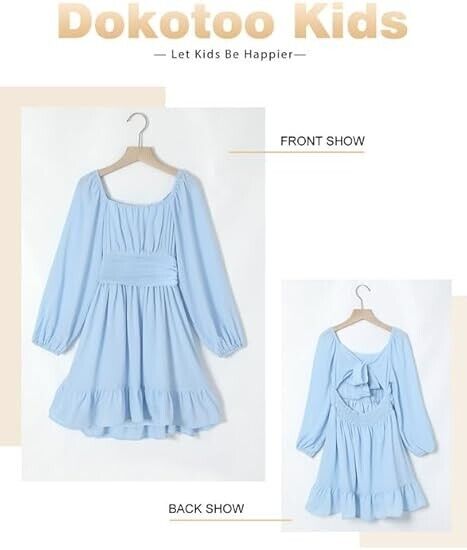 DOKOTOO KIDS Girls Long Sleeve Ruffle Hem Off Shoulder Square Neck Dress 8-9 Yrs