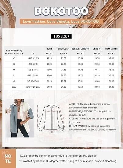Dokotoo Classic Color Block Button Up Shirts Comfy Roll Up Long Sleeve Blouse, L