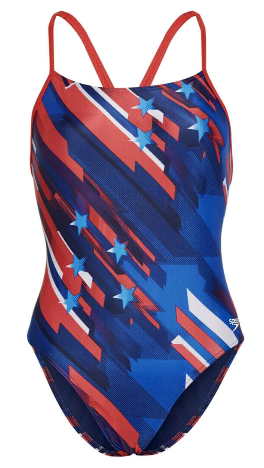 SPEEDO Stars and Stripes Relay Back Blue Red One-Piece Women's Swimsuit 8/34