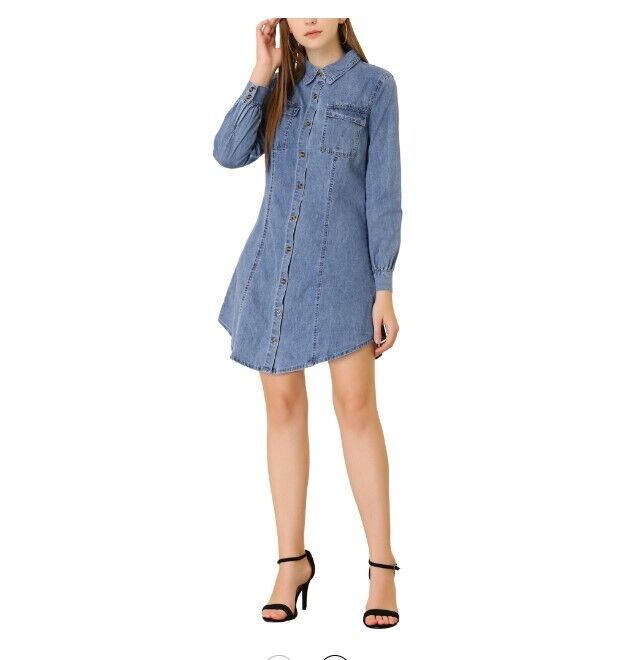 Allegra K Women's Bishop Sleeve Chest Pocket Casual Denim Shirt Dress Blue XL