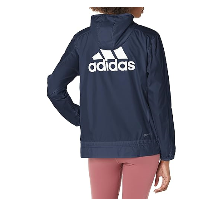 adidas womens Logo Windbreaker running jacket Full zip with hood, Ink, XSmall US